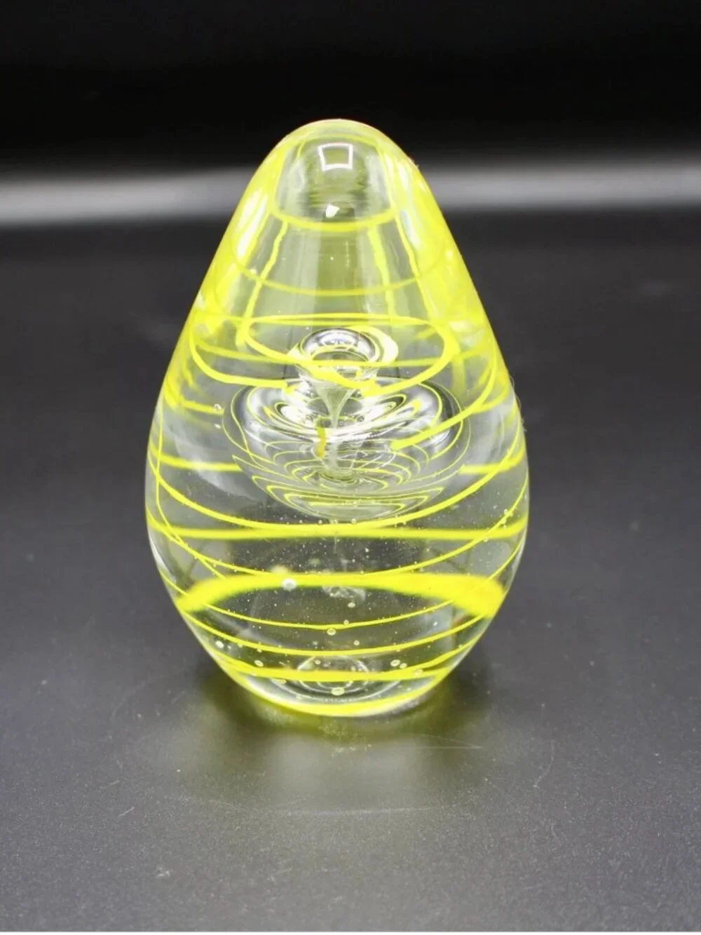 Egg-Shaped Art Glass Paperweight with Yellow Swirl